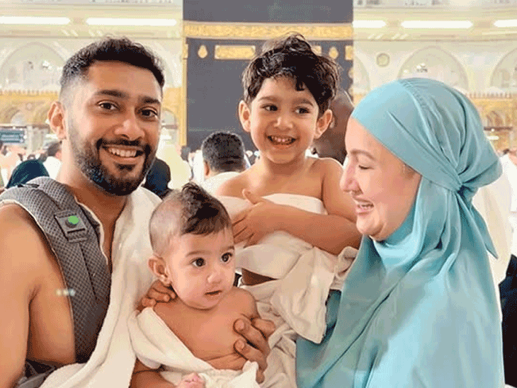 गौहर खान ने छोटे बेटे फरवान की पहली झलक दिखाई:मक्का यात्रा की तस्वीरें शेयर कीं, पति जैद दरबार और दोनों बच्चे साथ नजर आए