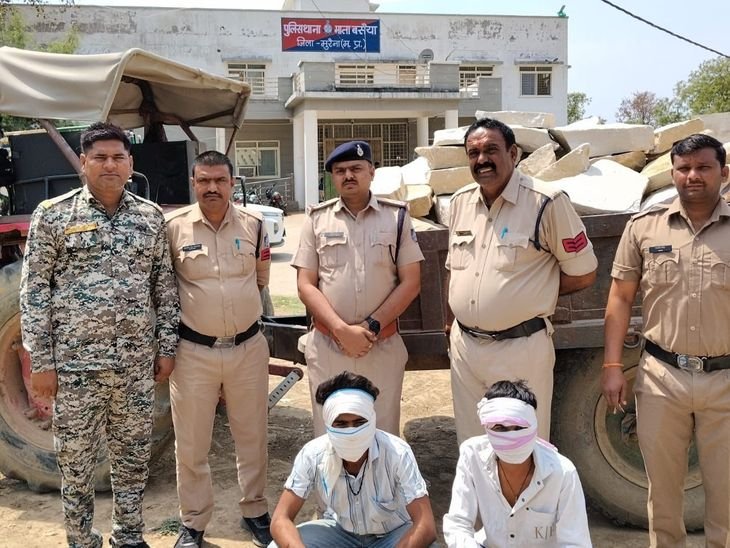 अवैध पत्थर परिवहन करते दो आरोपी गिरफ्तार:पुलिस ने पत्थर से भरी बिना नंबर की ट्रैक्टर-ट्रॉली पकड़ी; खनिज विभाग को दी सूचना