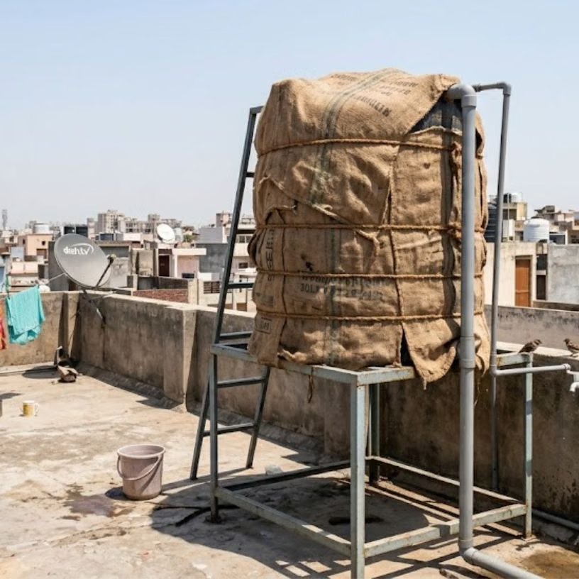 <!-- HTML_TAG_START --><p><strong>गीला कपड़ा या बोरी रखें:</strong> टंकी के ऊपर गीली बोरी या कपड़ा डालने से पानी ठंडा रखने में मदद मिलती है। यह देसी तरीका बहुत असरदार है, खासकर तेज गर्मी में।</p><!-- HTML_TAG_END --> <span class="graytxt">Image: AI</span>