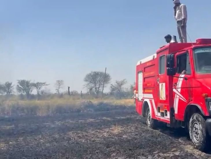 दतिया के बड़ेरा धनौटी में गेहूं की फसल जली:5 बीघा फसल राख, सरकारी फायर ब्रिगेड में आई तकनीकि खराबी