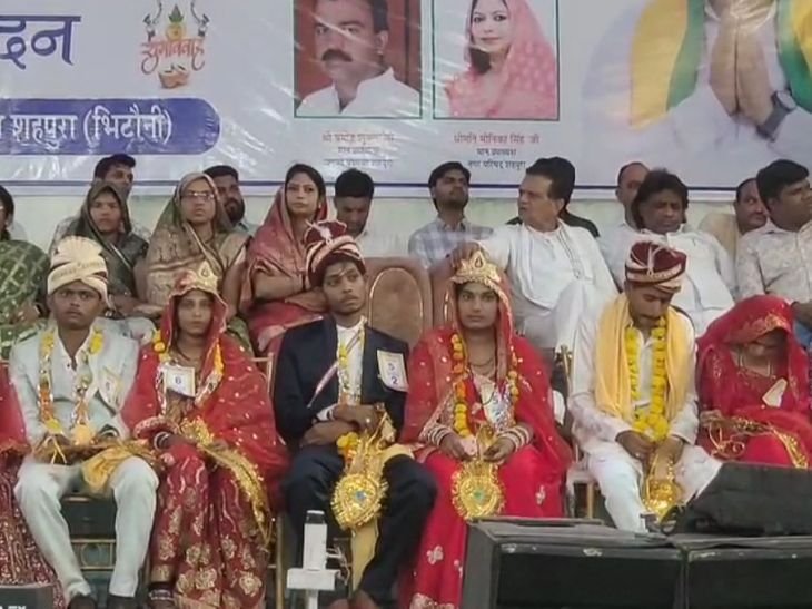 जबलपुर के शहपुरा-भिटौनी में 200 कन्याओं का सामूहिक विवाह संपन्न:अक्षय तृतीया पर हुआ आयोजन, जेसीबी से हुई फूलों की बारिश