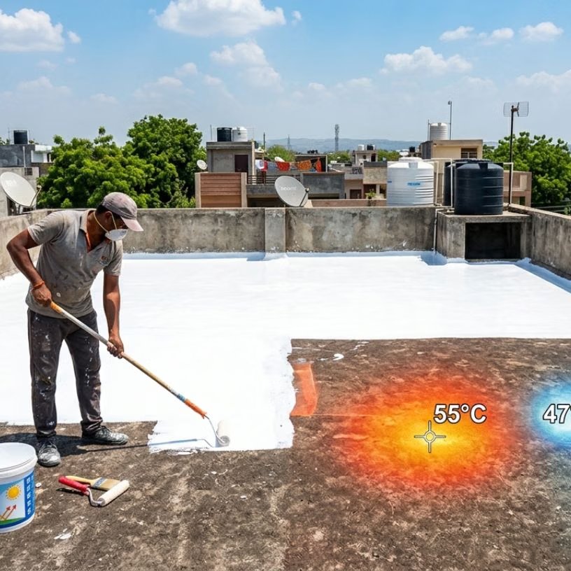 <!-- HTML_TAG_START --><p>सबसे ज्यादा गर्मी छत के रास्ते आती है। अपनी छत पर 'सोलर रिफ्लेक्टिव व्हाइट पेंट' या चूने की पुताई करवाएं। सफेद रंग सूरज की किरणों को सोखने के बजाय रिफ्लेक्ट कर देता है।<br>&nbsp;</p><!-- HTML_TAG_END --> <span class="graytxt">Image: Meta AI</span>