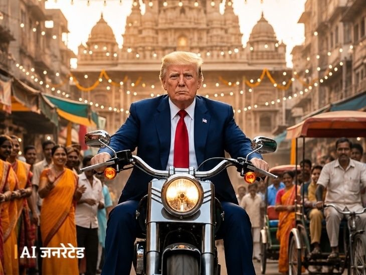 ट्रम्प ने भारत में बाइक चलाने का AI-वीडियो शेयर किया:शेर की सवारी करते, चांद पर झंडा भी लगाया
